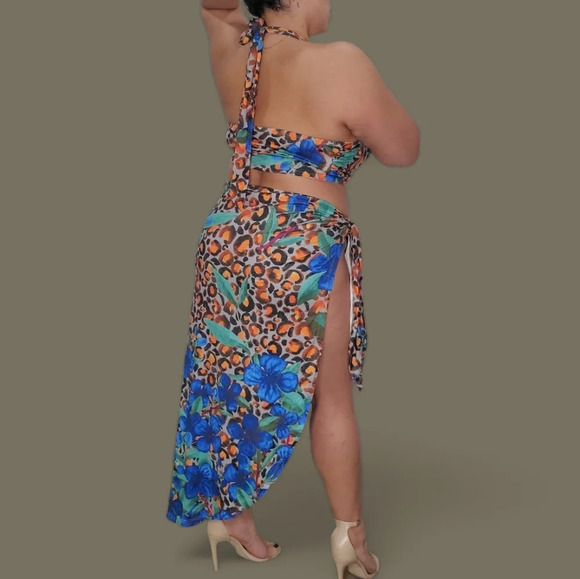 SHEIN Dresses & Skirts - Floral Print Crisscross Halter Top and Wrap Knot Skirt Set Sz 1XL